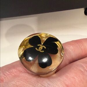 CHANEL Black and Gold Clover Lucite Lucky Ring